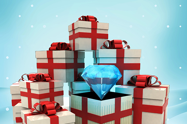 Photo of a blue diamond surrounded by gift boxes